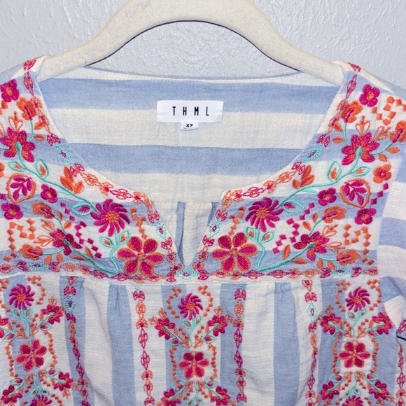 THML  Boho Embroidered Floral Top Blouse Blue Stripe Women’s Size XS - Picture 2 of 8